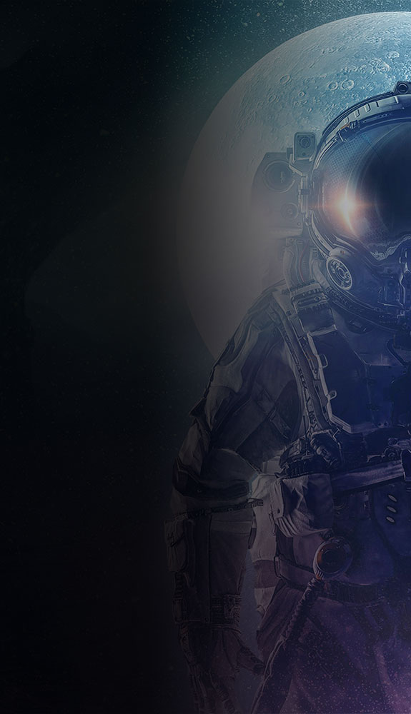 Astronaut in a spacesuit standing in front of a large moon