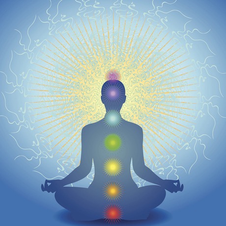 All seven chakras and where they're located illustrated.