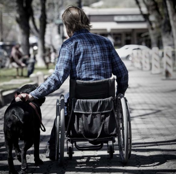 Man on a wheelchair and his service dog