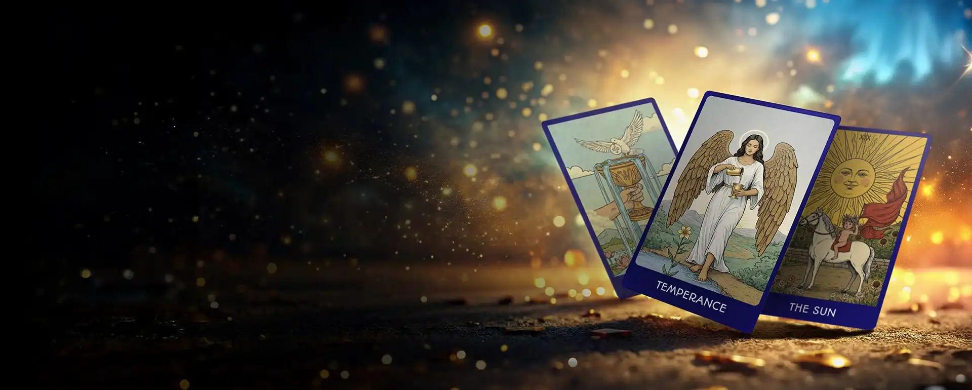 Tarot cards laid out on a table in warm candlelight