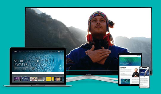 Desktop, laptop, tablet, phone devices with Gaia content on screens